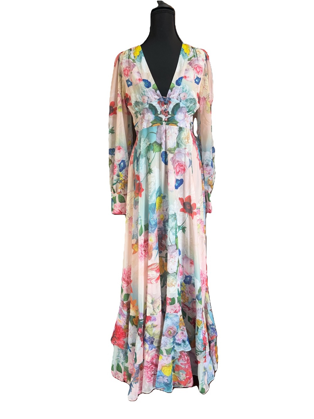 Dalia Floral V-Neck Long Sleeve Maxi Dress in Cream with Multicolor Flowers